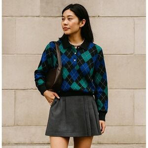 Alfred Dunner Blue and Green Argyle V-Neck Sweater